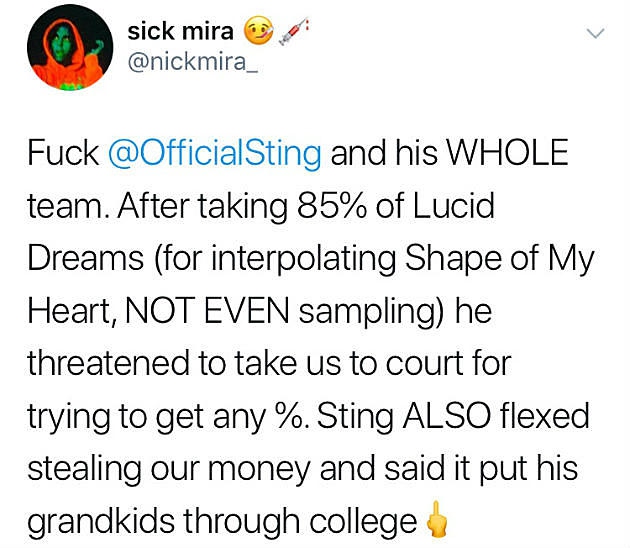 Стинг подаёт в суд на Juice WRLD