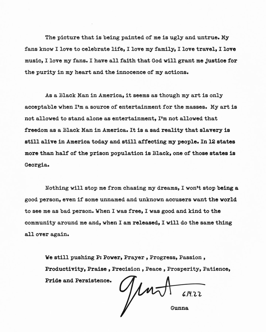 Gunna заявил, что сидит в тюрьме по чужой вине